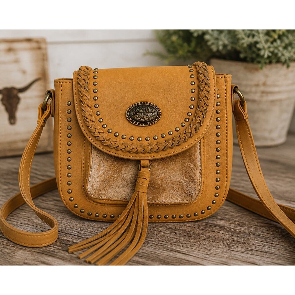 Trinity Ranch Fur On Western Crossbody Bag Cowhide Studded Fringe Tan